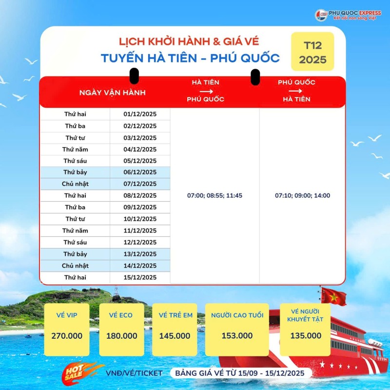 Lịch chạy tàu Phú Quốc Express Hà Tiên - Phú Quốc 12/2025